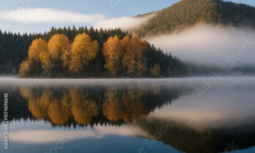 Fog in nature. A misty forest in autumn with a mix of evergreen and yellow-orange deciduous trees