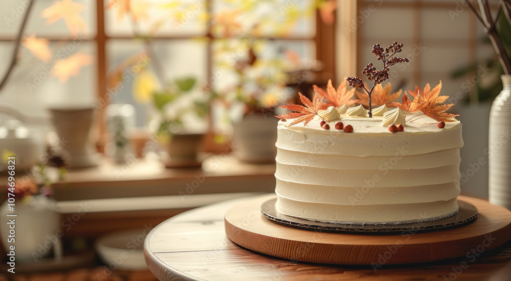 Elegant birthday cake with subtle autumn maple leaf accents, placed in a cozy Japanese-style home interior, warm wooden furniture, soft ambient lighting, minimalist decor. Elegant birthday cake with subtle autumn maple leaf accents, placed in a cozy Japanese-style home interior, warm wooden furniture, soft ambient lighting, minimalist decor.