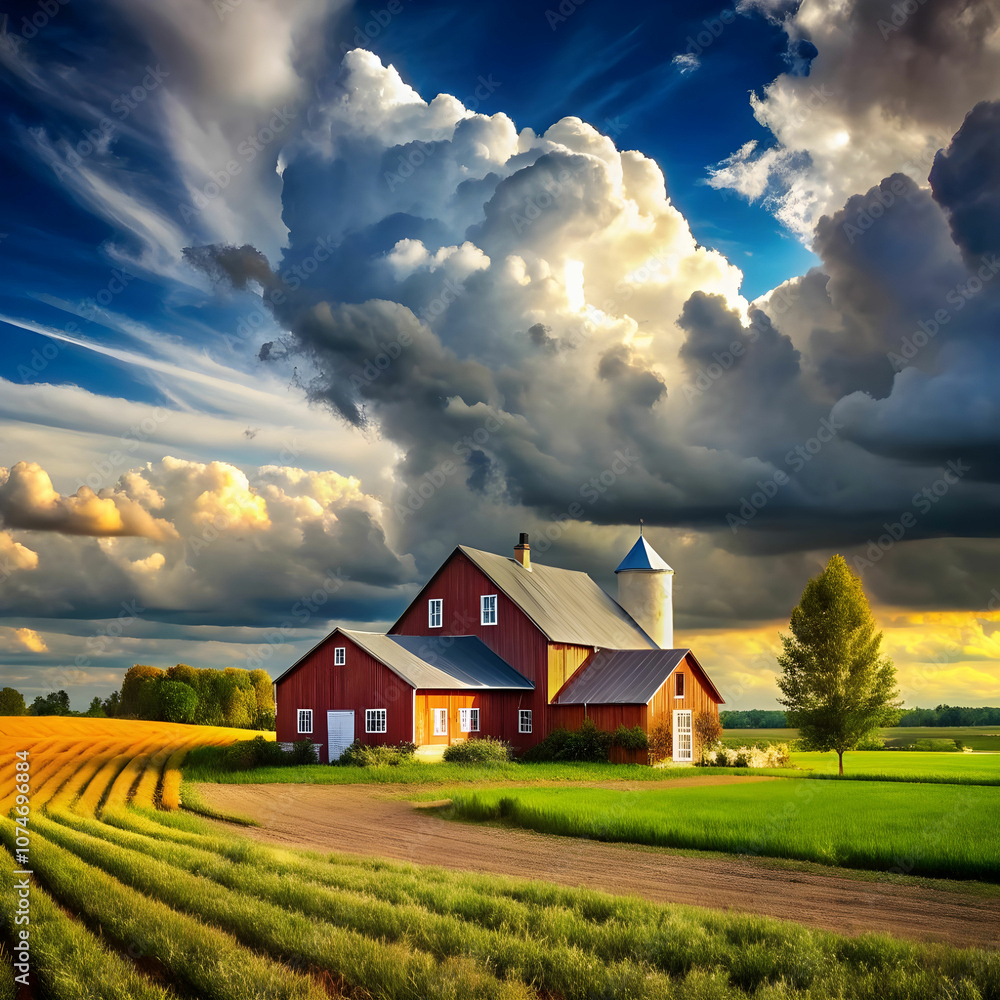 a farm with a house on the left and a cloudy sky a farm with a house on the left and a cloudy sky
