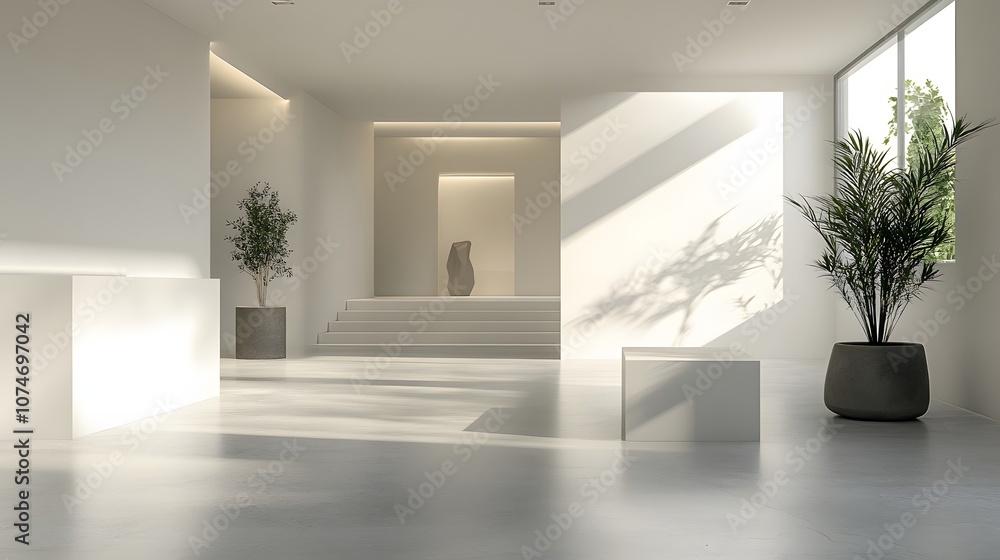 Fototapeta premium 90. A contemporary art space with stark white walls, a simple pedestal, and an open space for a product