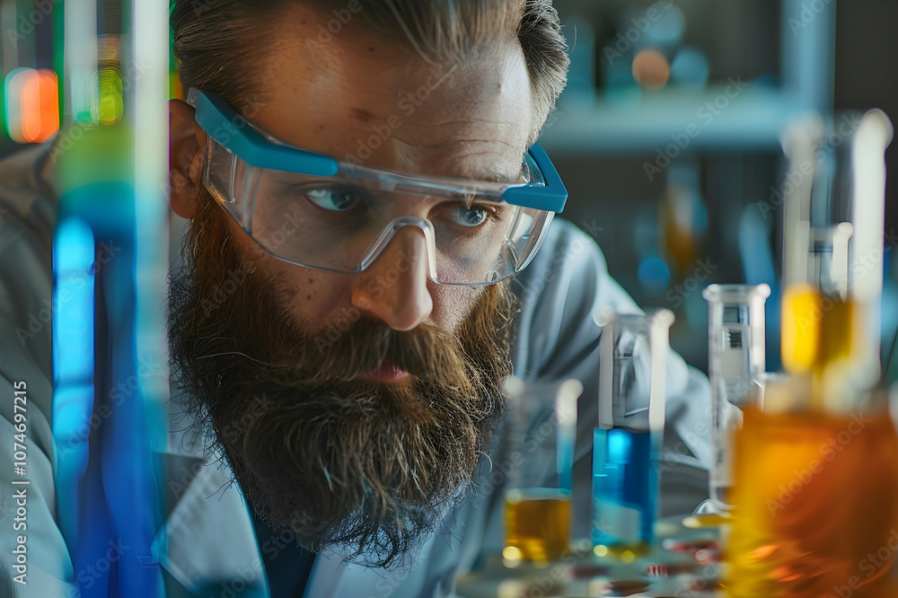 bearded chemist in goggles with reagents in tubes and tablet in laboratory