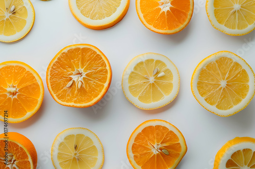 Top view of orange and lemon halves on white background, panoramic shot