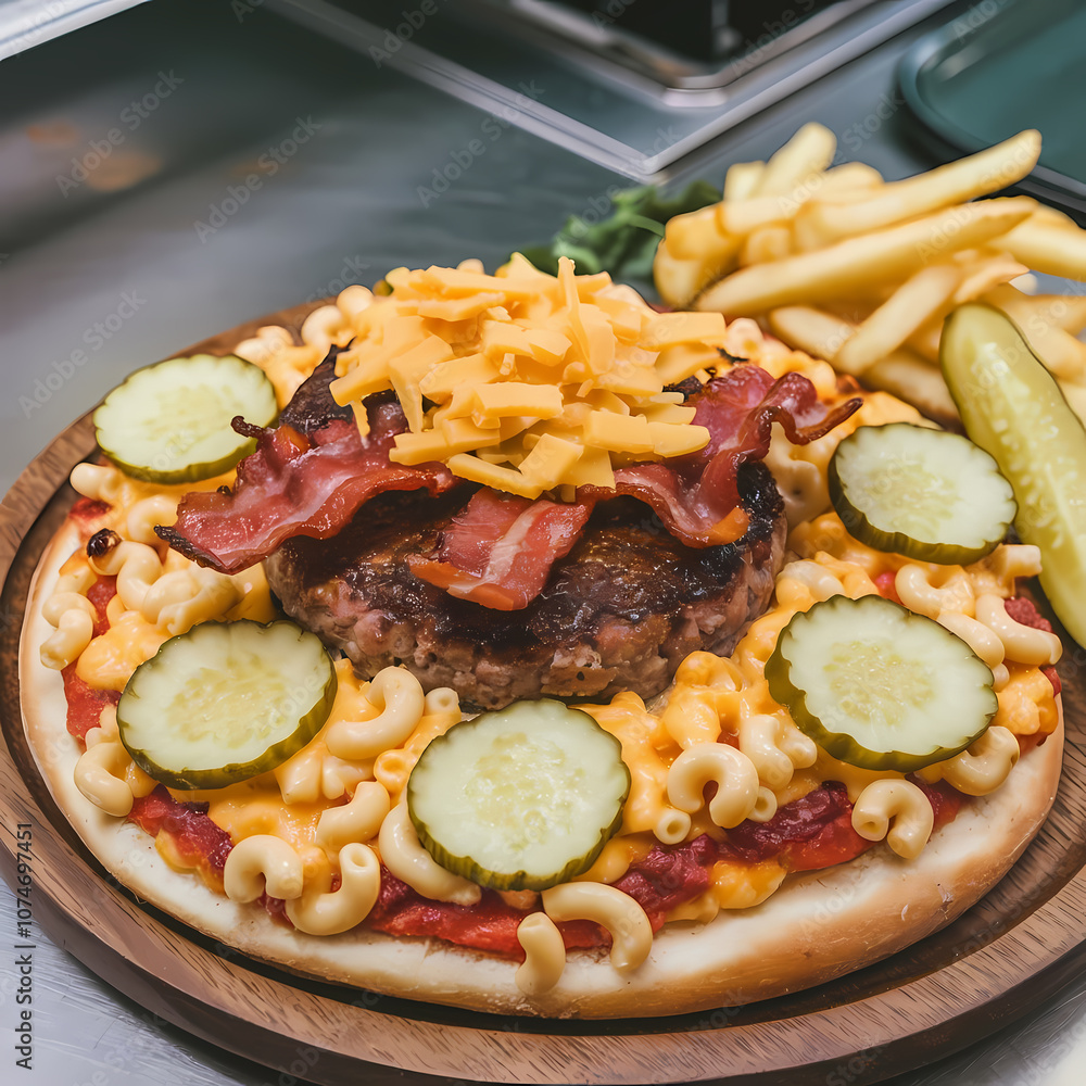 Delicious pizza topped with a juicy burger, crispy bacon, shredded cheese, pickles, and macaroni, served with golden French fries and a pickle on the side. Indulgent and appetizing! Delicious pizza topped with a juicy burger, crispy bacon, shredded cheese, pickles, and macaroni, served with golden French fries and a pickle on the side. Indulgent and appetizing!