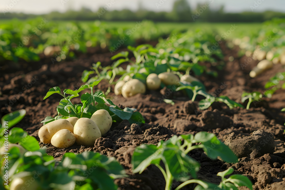 fresh, organic potatoes on soil in field, horizontal image fresh, organic potatoes on soil in field, horizontal image