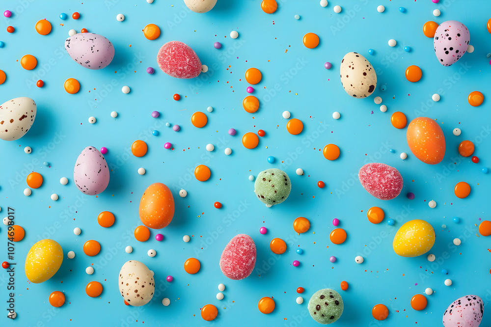 Top view of bright candies, colorful chicken and quail eggs on blue background Top view of bright candies, colorful chicken and quail eggs on blue background