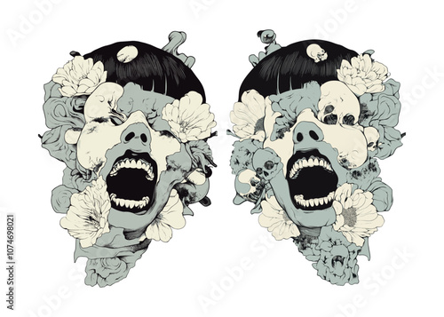 Color ink sketch screaming woman face with flower petals. Female japan horror style suffering head sprouting plants portrait, creepy concepts for comic or manga isolated vectors