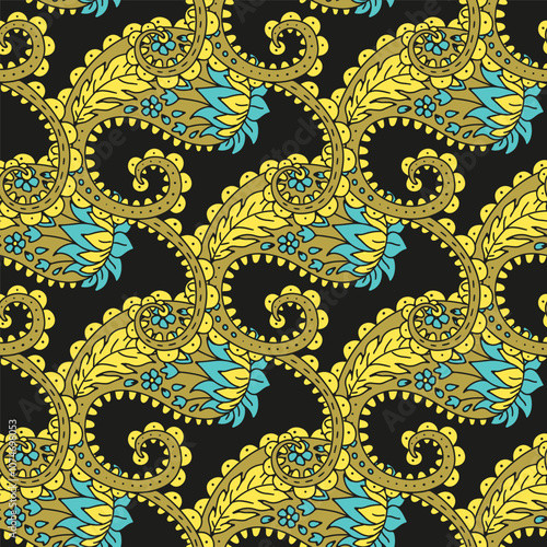 Seamless pattern with Paisley motifs on black background. Traditional indian repeat design.