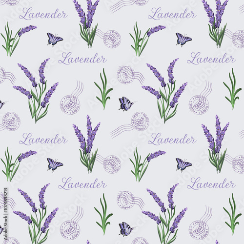 Lavender sprigs with butterflies.Vector seamless pattern with blooming lavender, butterflies and text on a light background.