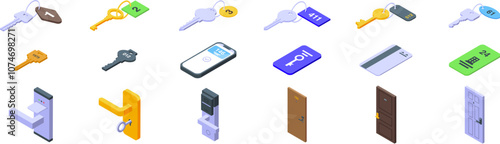 Door key hotel room icons set. Isometric icons represent various hotel room access methods, including traditional keys, key cards, mobile phone access, and door handles