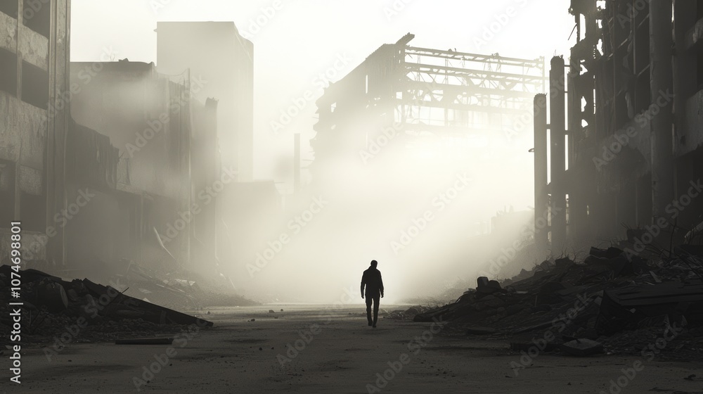 Fototapeta premium Alone in the Ruins: A Figure Walking Through Foggy Urban Decay Depicting Economic Collapse
