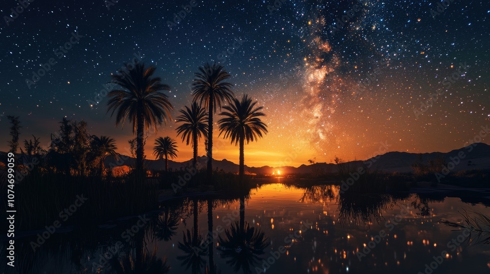 Serene Desert Oasis Under the Starry Milky Way Sky Serene Desert Oasis Under the Starry Milky Way Sky