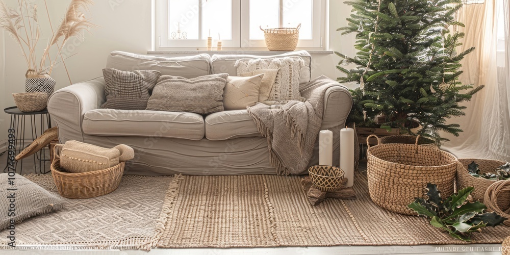 Fototapeta premium Scandinavian-style Living Room with Christmas Tree and Minimalist Decor