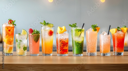 An assortment of vibrant colorful cocktails with ice and fresh fruit garnishes displayed in unique premium glassware on a wooden bar with a blurred ambient background creating an elegant photo