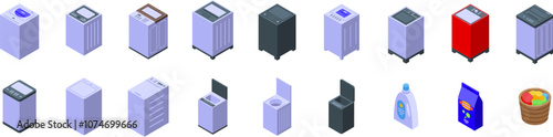 Top load washing machine icons set. Isometric washing machines, laundry baskets, detergent, and fabric softener showcase laundry solutions