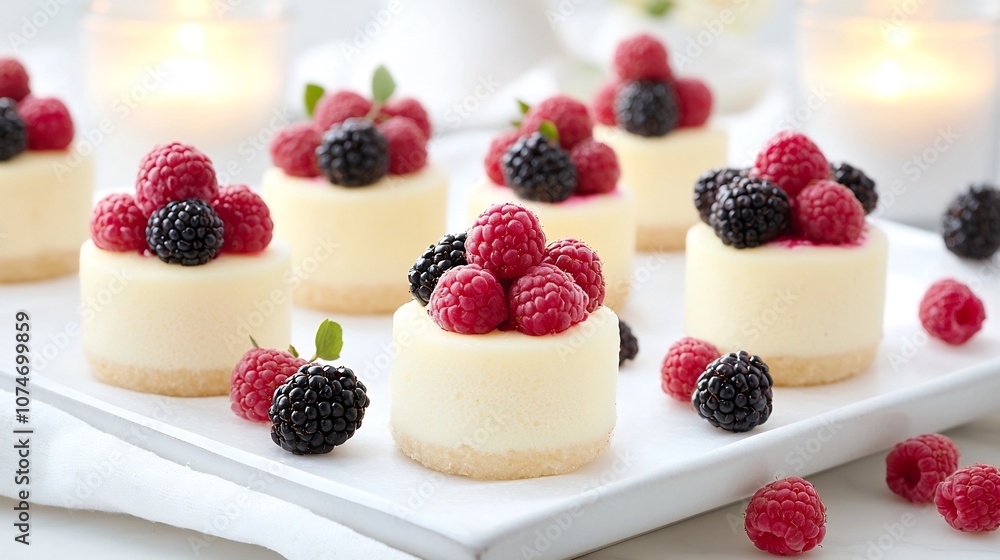 Beautifully presented small dessert bites topped with fresh raspberries and blackberries artfully arranged on a serving tray with soft candlelight in the background creating a warm and inviting mood Beautifully presented small dessert bites topped with fresh raspberries and blackberries artfully arranged on a serving tray with soft candlelight in the background creating a warm and inviting mood