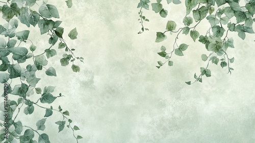 Serene green leafy vines on soft textured background Background with space for text Background, wall, space for text