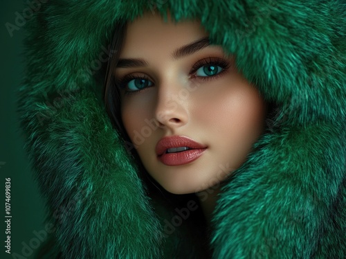 A beautiful woman wearing a green fur coat with a hood, against a dark background.