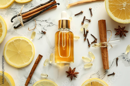 Top view of bottle of cosmetic oil with dropper, slices of lemon, sticks of cinnamon and vanilla