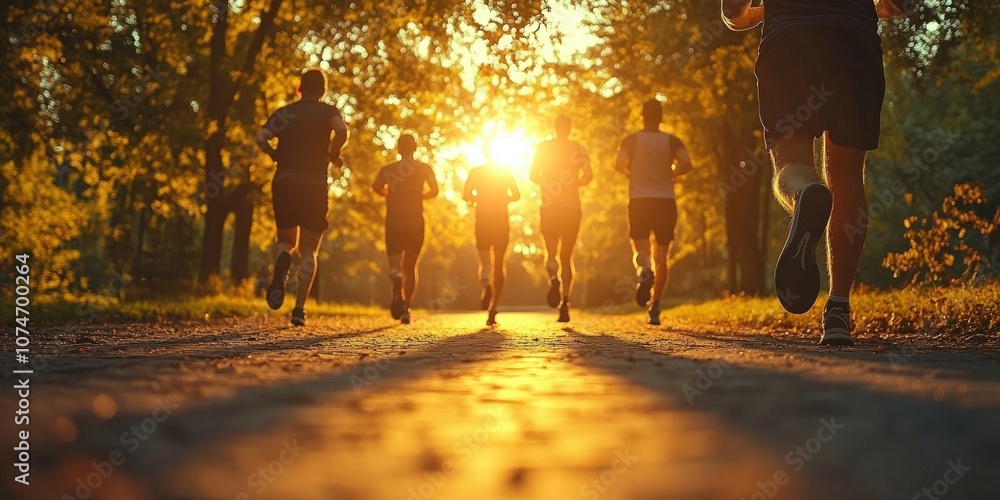 Group of Diverse Runners Jogging Together at Sunset on a Tree-Lined Trail in Autumn, Capturing the Spirit of Outdoor Fitness and Community Exercise Group of Diverse Runners Jogging Together at Sunset on a Tree-Lined Trail in Autumn, Capturing the Spirit of Outdoor Fitness and Community Exercise