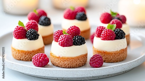 Close up of delicate mini desserts artfully decorated with succulent raspberries and blackberries softly illuminated by the warm glow of candlelight in the background photo