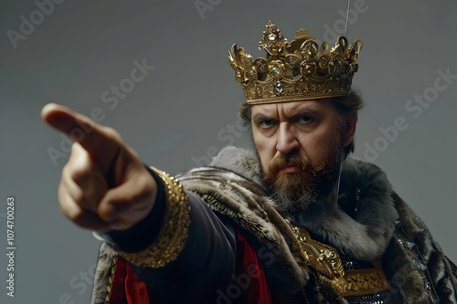 king with crown pointing with sword isolated on grey photo