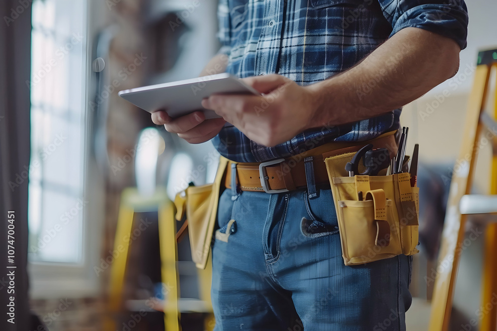 Selective focus of builder in uniform and tool belt using digital tablet while colleague working on Selective focus of builder in uniform and tool belt using digital tablet while colleague working on