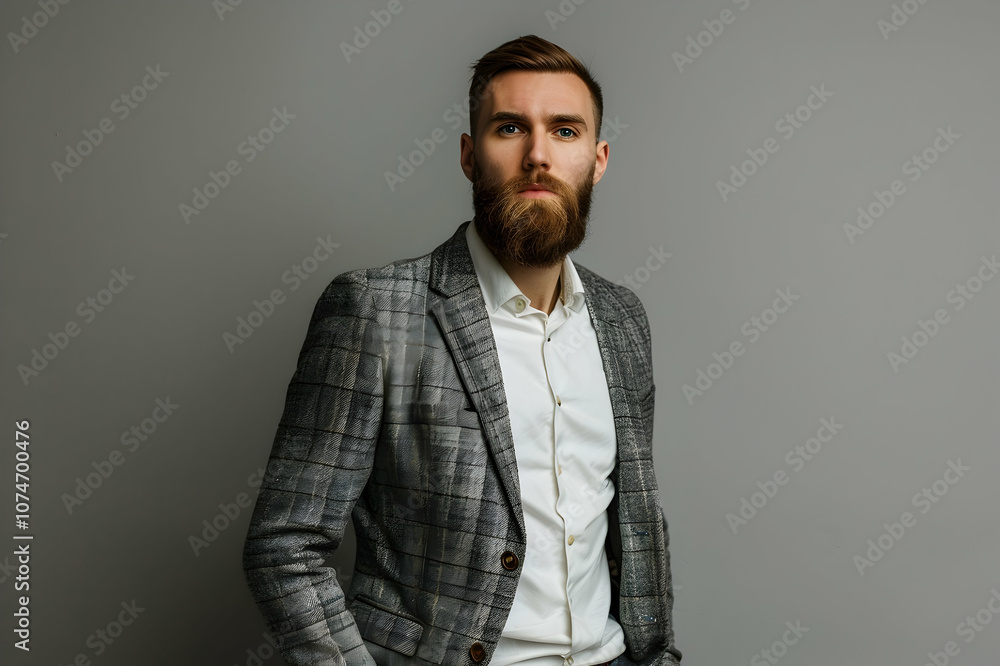attractive bearded man in stylish blazer posing isolated on grey attractive bearded man in stylish blazer posing isolated on grey