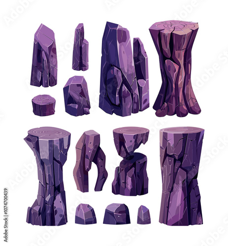 Crystals cartoon vector set. Rock minerals purple fragments, manganese quartz stalagmites glass gemstone cobblestones stalactites, isolated illustrations on white background