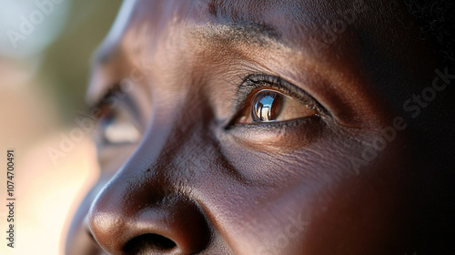 Close-up of a personâs face with a tear of joy, capturing a miraculous emotional moment. photo