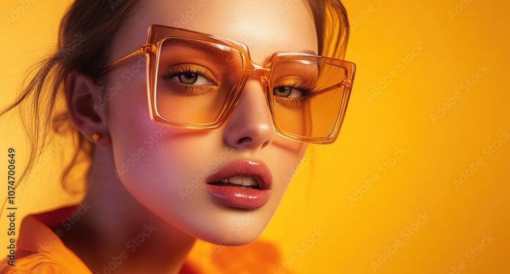 A beautiful woman wearing large, square-framed glasses with light orange and yellow tones. A beautiful woman wearing large, square-framed glasses with light orange and yellow tones.
