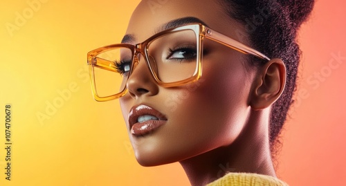 A beautiful woman wearing large, square-framed glasses with light orange and yellow tones.