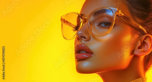 Woman wearing large, thick-framed glasses, set against a yellow background.