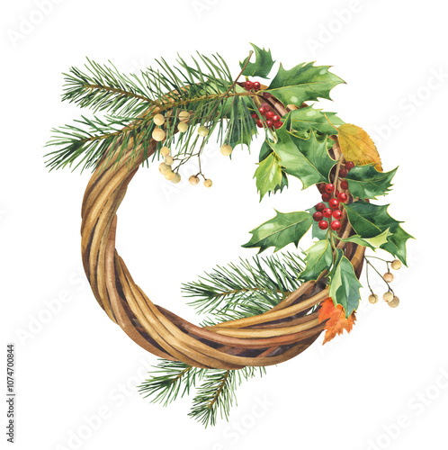 Christmas wreath made of fir tree branches and holly