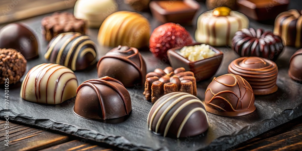 An assortment of assorted gourmet chocolates arranged on a slate serving tray, showcasing a variety of shapes, sizes, and flavors. An assortment of assorted gourmet chocolates arranged on a slate serving tray, showcasing a variety of shapes, sizes, and flavors.