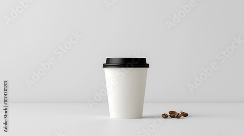 Minimalist white paper coffee cup with a black lid isolated on a pure white background perfect for branding and product packaging mockups advertising and commercial photography photo