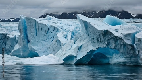 A large glacier calving into the sea, with huge ice pieces falling into the water. The splash and crashing waves emphasize the raw power and majesty of the melting glacier in a cold, rugged landscape.