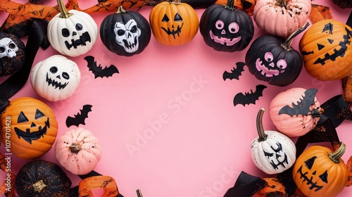 Fototapeta Naklejka Na Ścianę i Meble -  A flat lay of mini pumpkins with different painted expressions, ranging from spooky to silly, arranged in a circle on a bubblegum pink background.