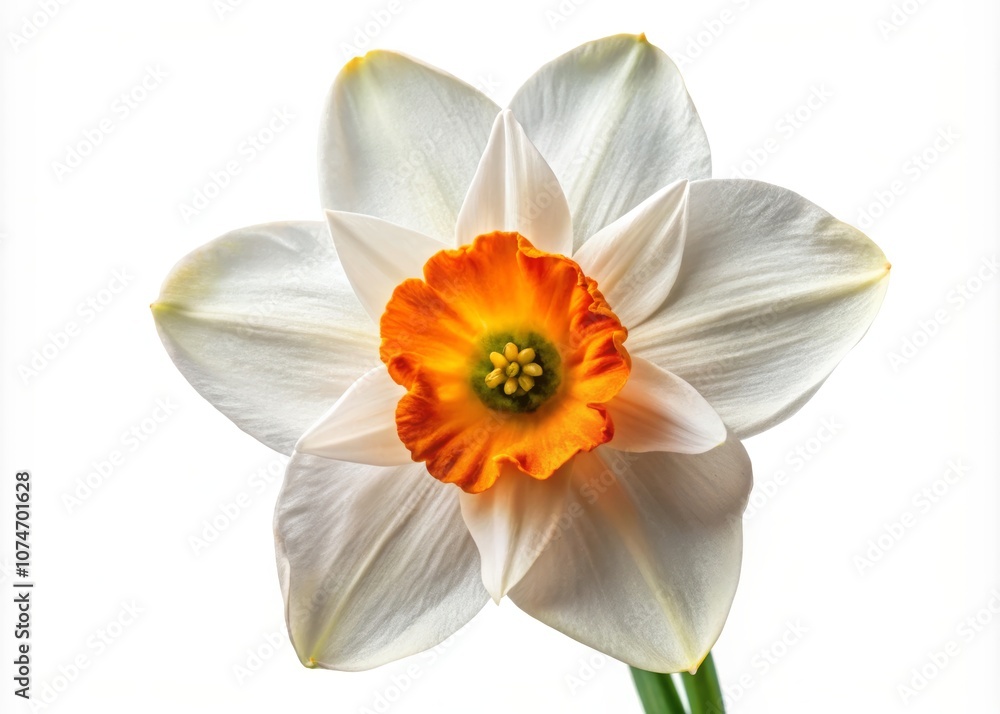 Fototapeta premium Stunning Daffodil Flower with White Petals and a Vibrant Orange Center Against a Simple Background Ideal for Nature and Floral Photography