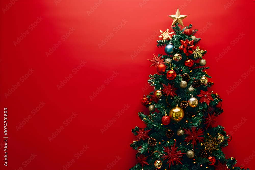 top view of decorated Christmas tree on red background top view of decorated Christmas tree on red background