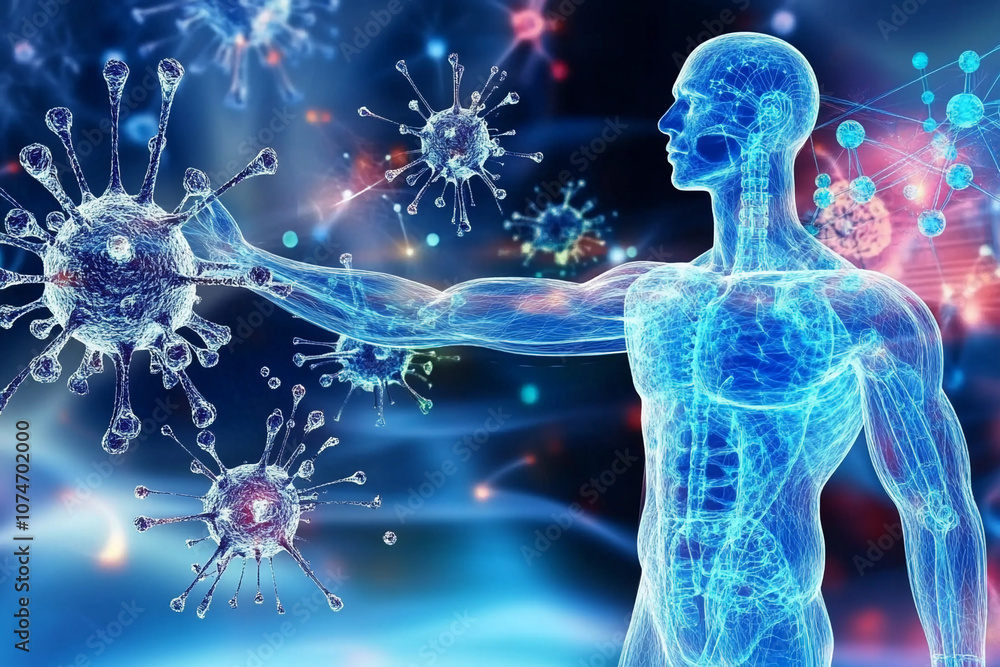 Human immune system fighting viruses in digital art representation Human immune system fighting viruses in digital art representation