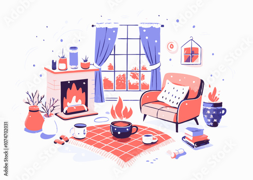 Cozy Winter Evening by the Fireplace with Hot Drinks and Books