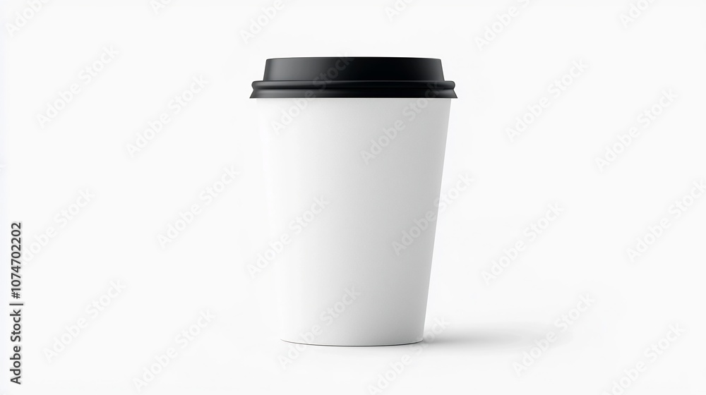 A minimalist and clean white paper cup with a black lid set against a pure white studio background designed for product mockup graphic design and photography purposes A minimalist and clean white paper cup with a black lid set against a pure white studio background designed for product mockup graphic design and photography purposes