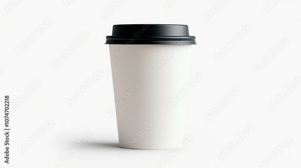 White paper cup with a black lid set against a pure white background designed for mockup use and product photography The clean simple setup allows for easy brand or design placement White paper cup with a black lid set against a pure white background designed for mockup use and product photography The clean simple setup allows for easy brand or design placement