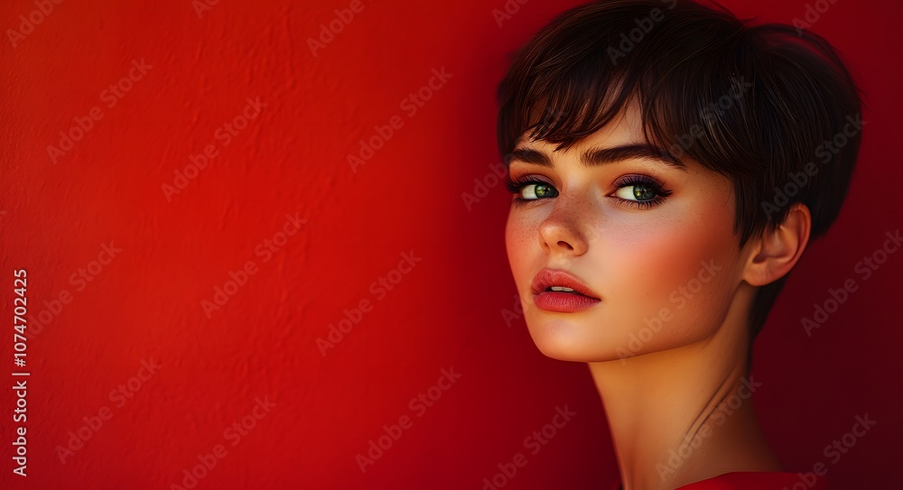 Elegant pixie cut, stylish haircut, styling, bangs. A young woman with short hair and red background. Elegant pixie cut, stylish haircut, styling, bangs. A young woman with short hair and red background.