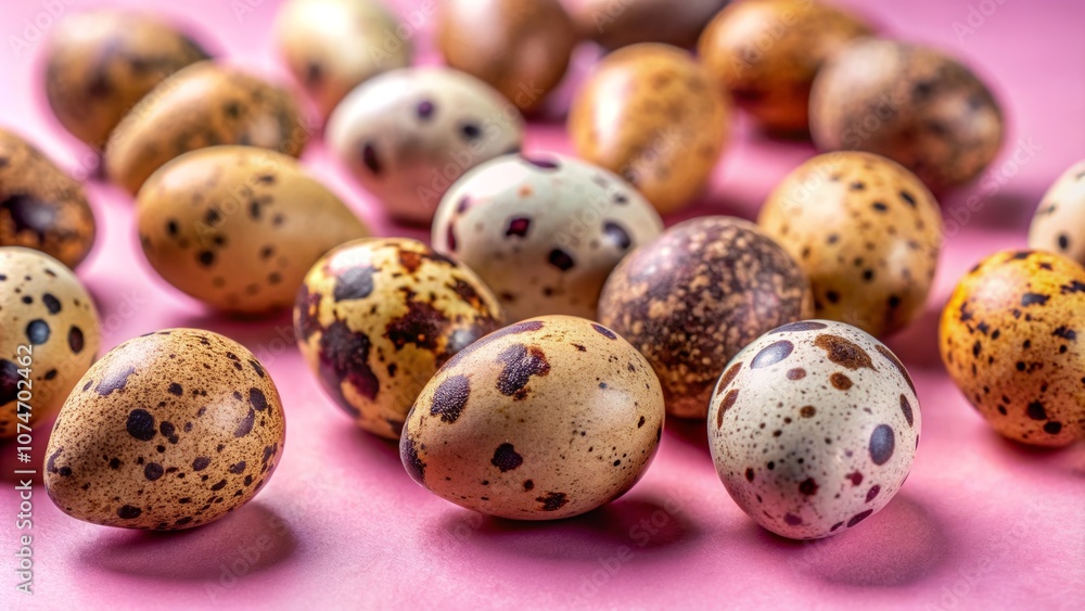 Obraz premium Quail Eggs Artfully Arranged on a Soft Pink Background Showcasing Unique Speckled Patterns and Textures for Culinary or Nature Themes