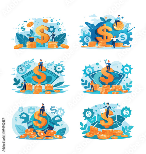 Debt refinance concepts cartoon vector set. Big banknote golden coins stacks dollar sign, tiny people characters around, charts gears budget cash money funds planning savings, isolated illustration