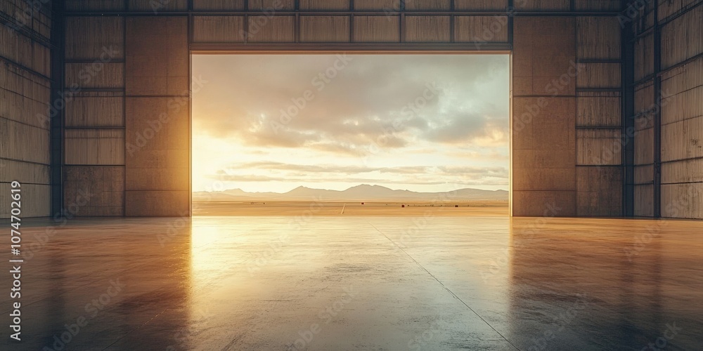Fototapeta premium Serene Sunrise View from an Open Hangar Door with Expansive Landscape and Colorful Sky Over Mountains in the Distance