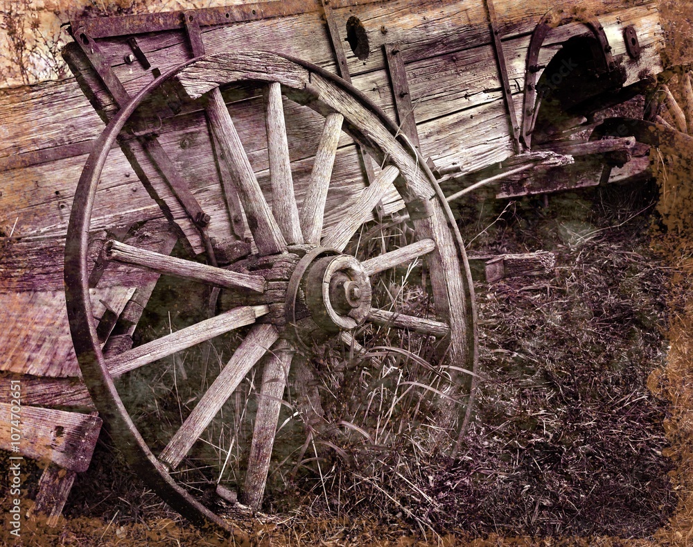 Simulated distressed Victorian photograph of a broken wagon wheel on the Oregon Trail Simulated distressed Victorian photograph of a broken wagon wheel on the Oregon Trail
