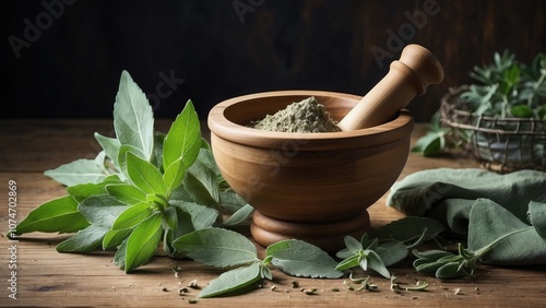 On a wooden table, there are green sage leaves and a pestle in mortar.-