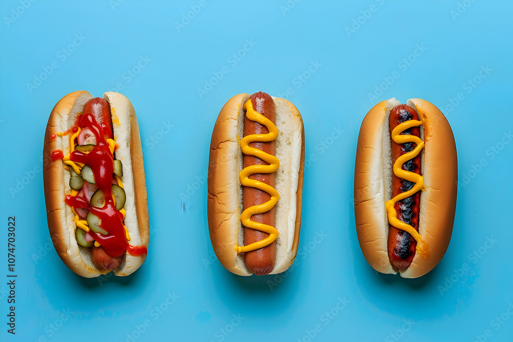 top view of three unhealthy hot dogs on blue top view of three unhealthy hot dogs on blue